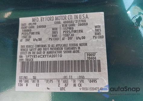 2000 Ford Ranger Xl/Xlt из США, поврежденный, VIN 1FTYR14CXYTA20110